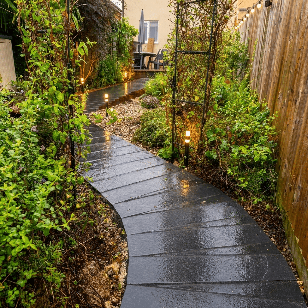 Black Limestone Planks 200x900 set as a winding pathway