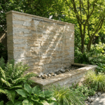 water feature in a garden using mint splitface cladding