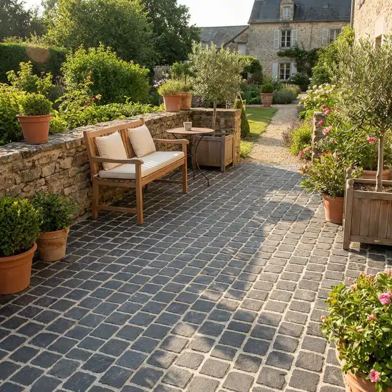 Black limestone cobble setts 100x100mm sample