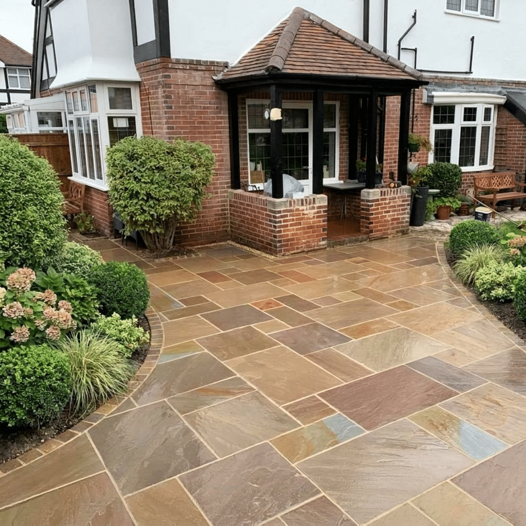 Autumn Brown Sandstone Paving features rich, earthy tones that blend warm browns with subtle hints of grey and buff, creating a naturally varied and characterful finish. Ideal for patios, pathways, and garden spaces, this natural sandstone paving complements traditional and rustic outdoor designs.