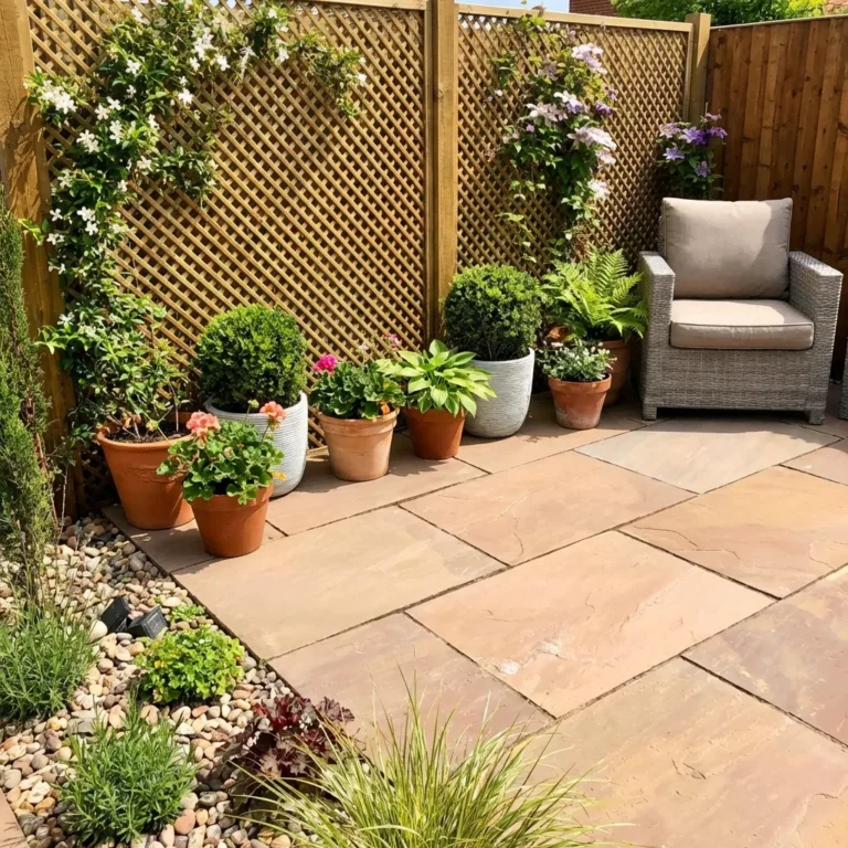 A cozy patio corner with potted plants, a wicker armchair with a cushion, Autumn Brown Indian Sandstone Paving Slabs (600x900mm), pebbles, and wooden lattice fencing covered in climbing flowers and greenery.
