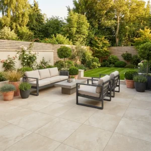 A modern patio features Almond Beige Outdoor Porcelain Paving Tiles (600x900mm), outdoor seating with a sofa, two chairs with light cushions, a low table, potted plants, and a landscaped garden with grass and trees.