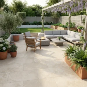 Modern patio with Almond Beige Outdoor Porcelain Paving slabs (600x900x20mm), gray sectional sofa, wooden chairs, potted plants, and a fire pit under a pergola with hanging purple flowers. Green lawn and trees in the background.