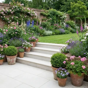 Aosta White Porcelain Bullnose Steps (900x350x35mm) lead to a lush garden with flowering plants in terracotta pots and beds, including roses and lavender, bordered by a brick wall draped in climbing greenery.