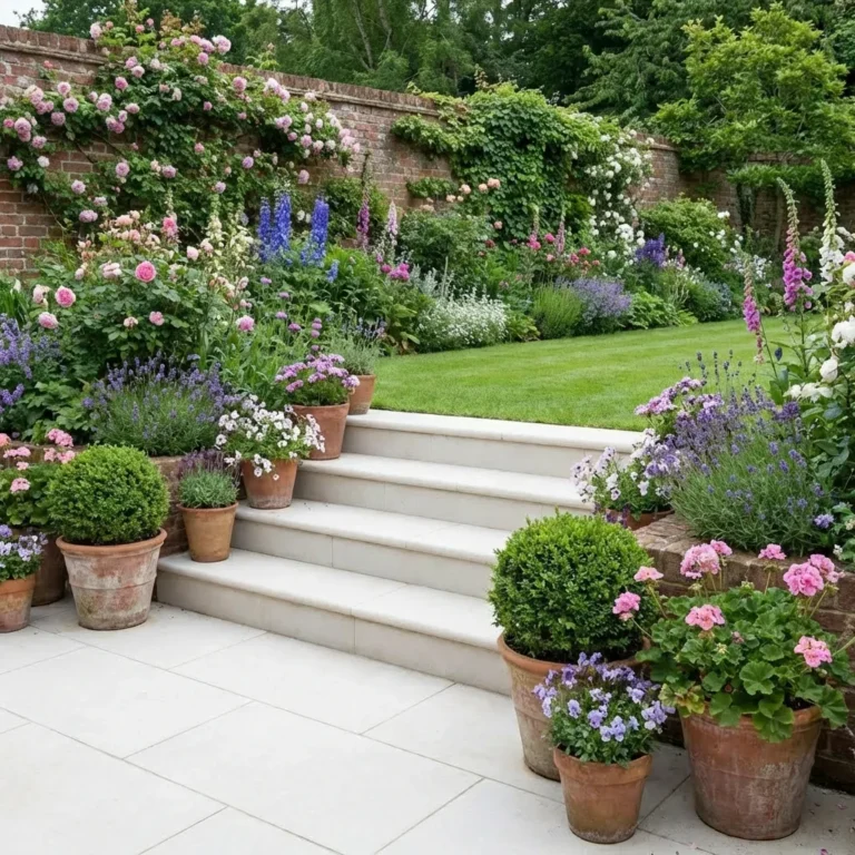 Aosta White Porcelain Bullnose Steps (900x350x35mm) lead to a lush garden with flowering plants in terracotta pots and beds, including roses and lavender, bordered by a brick wall draped in climbing greenery.