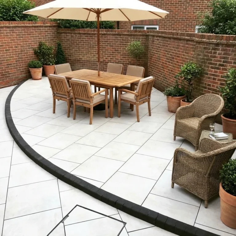 A patio paved with Aosta White Outdoor Porcelain Paving Tiles (600x900x20mm) features a wooden dining table, six matching chairs, an umbrella, two wicker chairs, potted plants, and is surrounded by brick walls.
