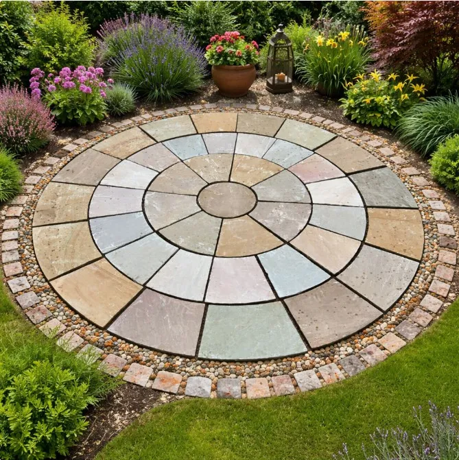 The Autumn Brown Sandstone 2.4 Meter Circle - 22mm Calibrated forms a circular patio with concentric rings of wedge-shaped tiles, bordered by cobblestones and gravel, and surrounded by vibrant flowers and neatly trimmed green grass.