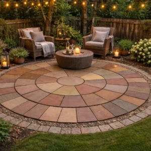 Cozy circular patio made with Autumn Brown Sandstone 4 Meter Circle (22mm Calibrated), featuring wicker chairs, cushions, a round table, potted plants, lanterns, string lights, and greenery bordered by a wooden fence in the backyard.