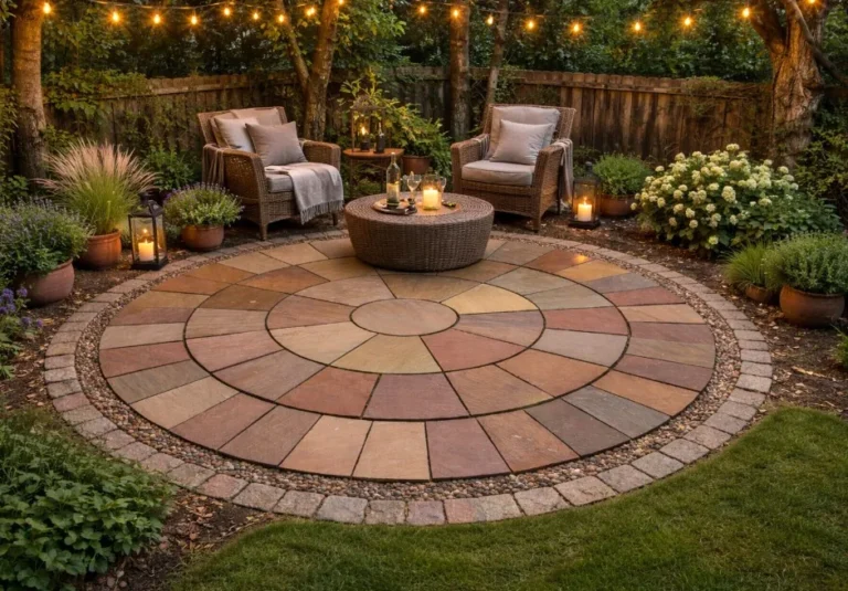 Cozy circular patio made with Autumn Brown Sandstone 4 Meter Circle (22mm Calibrated), featuring wicker chairs, cushions, a round table, potted plants, lanterns, string lights, and greenery bordered by a wooden fence in the backyard.