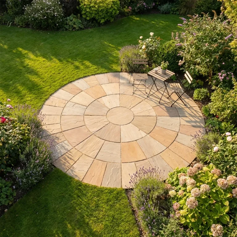 An Autumn Brown Indian Sandstone 3 Meter Circle (22mm Calibrated, Riven Surface) patio features two chairs and a small table, surrounded by lush grass, blooming flowers, and vibrant green shrubs in the garden.