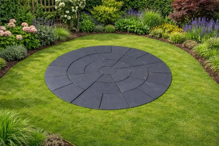 A Black Limestone 3 Meter Circle - 22mm Calibrated patio forms a striking centerpiece in the lawn, bordered by vibrant flower beds and lush greenery for a beautifully landscaped garden.