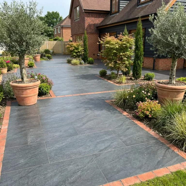 A modern house with a spacious patio paved in County Black Anthracite Outdoor Porcelain Tiles (1200x600mm), bordered by brick trim, potted olive trees, and landscaped garden beds featuring assorted shrubs and flowers.