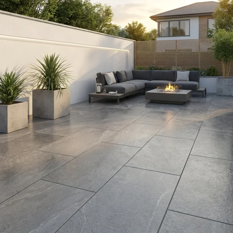 A stylish patio features Brazilian Black Outdoor Porcelain Paving Tiles (600mm x 900mm), potted plants, a dark sectional sofa, a square fire pit, and white and wooden privacy fencing, with greenery and a house in the background.