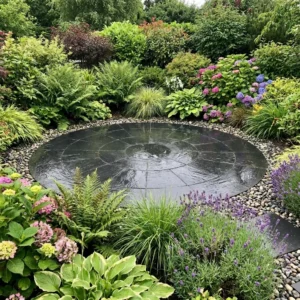 A Black Limestone 4 Meter Circle patio (22mm Calibrated) is bordered by small pebbles and dense garden foliage, surrounded by lush green plants, ferns, lavender, and blooming hydrangeas.