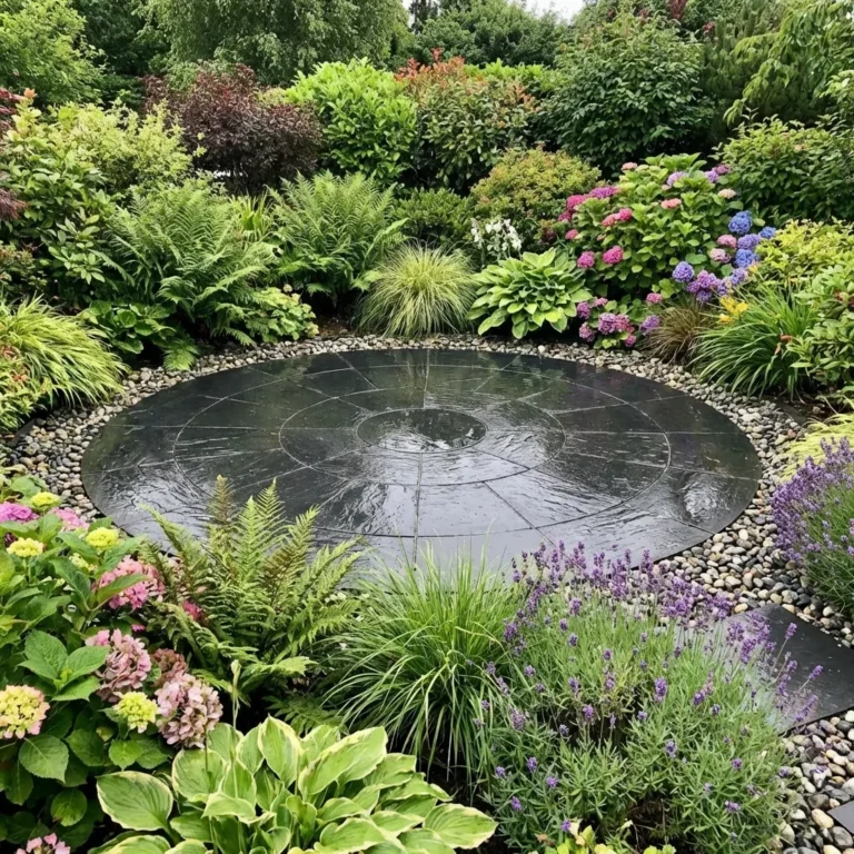A Black Limestone 4 Meter Circle patio (22mm Calibrated) is bordered by small pebbles and dense garden foliage, surrounded by lush green plants, ferns, lavender, and blooming hydrangeas.