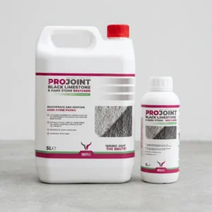 Two bottles of PaveCare Black Limestone Restorer & Sealer (5L and 1L), both in white containers with red caps and a label showing product info and textured stone imagery, are placed on a grey surface.