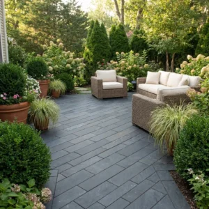 A patio with Black Limestone Sawn Planks (22mm Calibrated, 900mm x 200mm) showcases wicker furniture with beige cushions, set amid lush greenery, blooming flowers, and large potted plants for a tranquil garden retreat.
