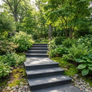 A stone staircase featuring Black Limestone Bullnose Edging (900mm x 350mm x 35mm) winds upward through a lush garden of ferns, flowering plants, and trees, creating a peaceful, shaded pathway.
