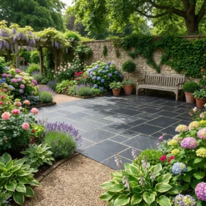 A garden with a stone patio of blue black slate mixed sizes, surrounded by colorful blooming flowers, potted plants, and lush greenery. A wooden bench sits by a stone wall under trees, with a gravel path curving around the patio.