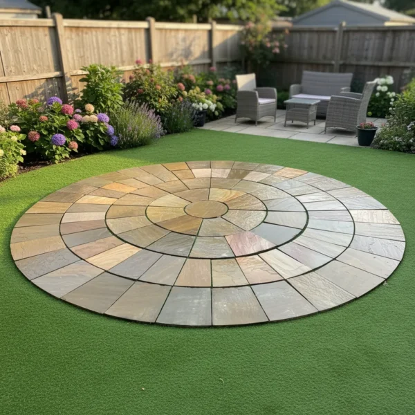 A backyard showcases a Camel Buff 4 Meter Circle - 22mm Calibrated stone patio on artificial grass, bordered by colorful flowers and a wooden fence, with wicker chairs and a table arranged in the background.