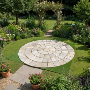 The Camel Buff 4 Meter Circle - 22mm Calibrated creates a stunning circular stone patio in a lush garden with green grass, colorful flowers, and potted plants, accented by a vine-covered wooden archway amid trees and blooming shrubs.