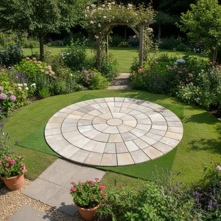 The Camel Buff 4 Meter Circle - 22mm Calibrated creates a stunning circular stone patio in a lush garden with green grass, colorful flowers, and potted plants, accented by a vine-covered wooden archway amid trees and blooming shrubs.