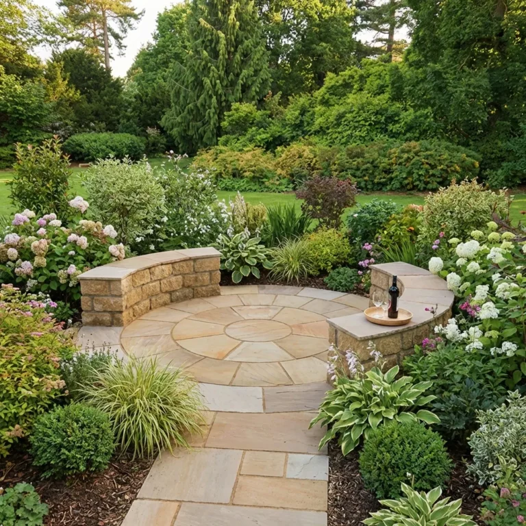 A Camel Buff 2.4 Meter Circle - 22mm Calibrated stone patio with two curved benches sits in a lush backyard, surrounded by green shrubs and blooming flowers. On one bench, a bottle and glass invite relaxation in this tranquil garden setting.