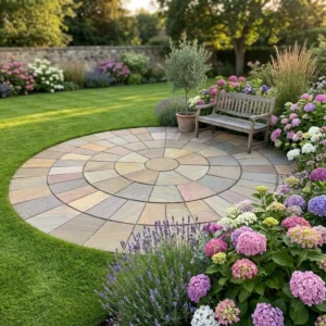 A Camel Buff 4 Meter Circle - 22mm Calibrated stone patio features a wooden bench and potted tree, surrounded by blooming hydrangeas, lavender, and lush green grass in a beautifully landscaped sunny garden.