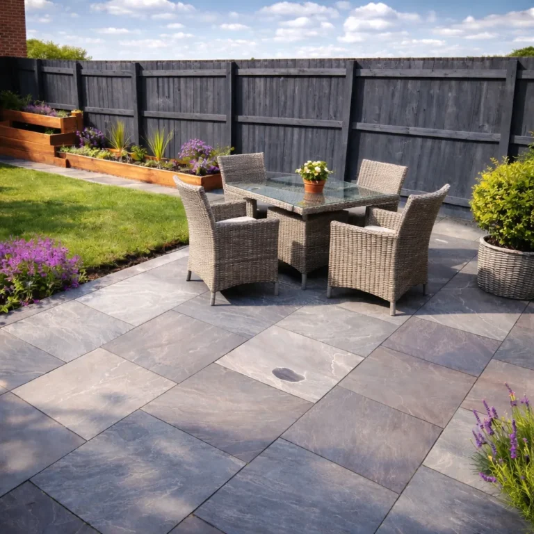 A patio paved with Kandla Grey Indian Sandstone Slabs (22mm Calibrated, 600x600mm), features a glass-top table with four wicker chairs, potted plants, a flower bed by a dark wooden fence, lush grass, and blooming flowers.