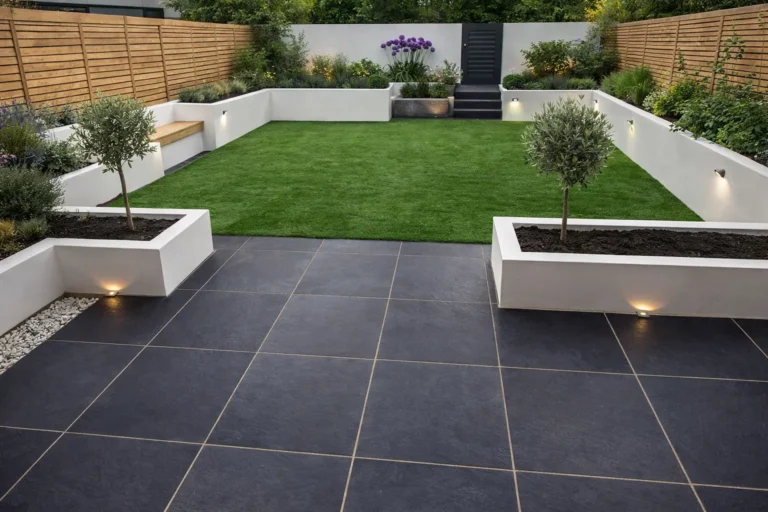 Modern backyard features large Black Limestone Sawn Edge 600x600mm tiles, rectangular raised white planters, small trees, manicured lawn, wooden fence, garden lighting, and steps leading to a higher area with more plants and flowers.