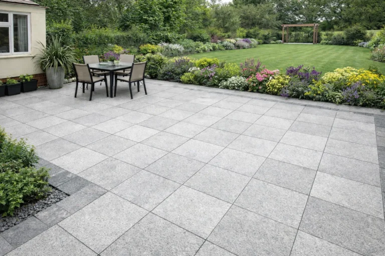 A patio with Silver Grey Granite 600mm x 600mm x 20mm tiles features a table and four chairs, surrounded by green grass, vibrant flower beds, and dense foliage.