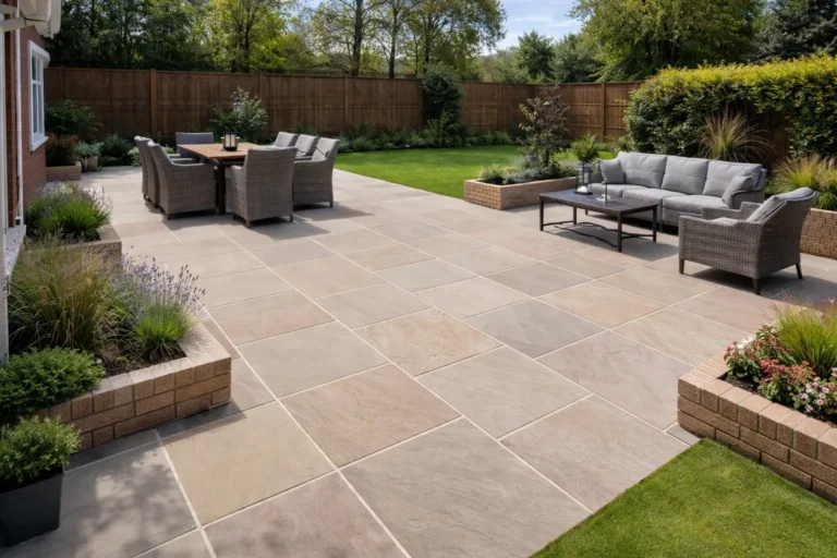 A spacious backyard patio features Raj Green Indian Sandstone Paving Slabs (Handcut, 22mm Calibrated, 600x600mm), complemented by outdoor dining and lounge furniture, potted plants, green lawn, wooden fencing, and landscaped hedges.