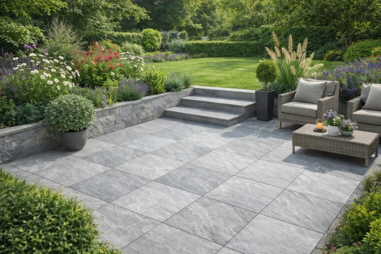 A modern patio features Kandla Grey Outdoor Porcelain Paving Tiles (600mm x 600mm x 20mm), bordered by lush plants and vibrant flowers. Wicker chairs with cushions and a coffee table rest near stone steps that lead to a grassy lawn.