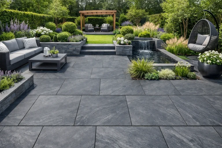 Modern backyard patio featuring County Black Anthracite Outdoor Porcelain Paving Tiles (600x600mm), a cozy seating area, coffee table, lush plants, a small waterfall feature, and a pergola with extra seating in the background.