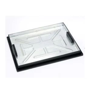 The Clarke 600mm x 450mmRecessed Manhole Cover & Frame Locking Recessed 5T is a rectangular metal cover with raised geometric patterns and a black border, shown on a white background.