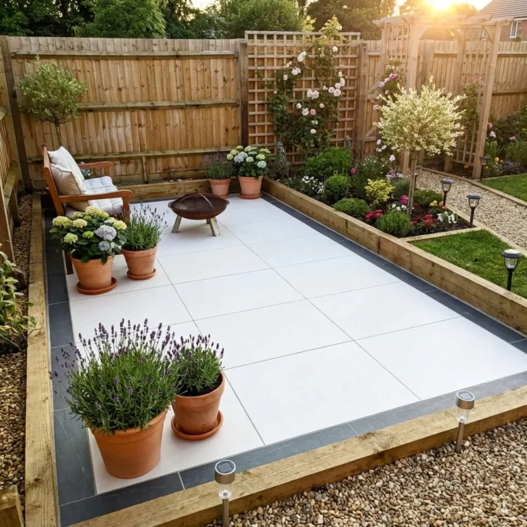 A backyard patio with County ivory porcelain 600 x 900 tiles, potted plants, a fire pit, a wooden bench with cushions, and a flower garden bordered by wooden beams and gravel paths under a wooden fence at sunset.