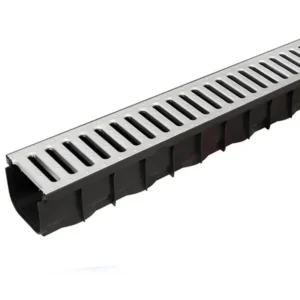 A black plastic Aco Drain with a silver metal grate cover, featuring rectangular slots for water drainage, shown against a white background.