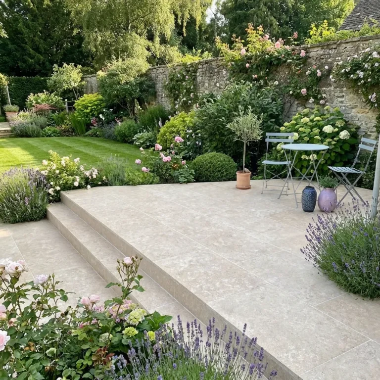 A stone patio featuring Egyptian limestone paving 600 x 900 and steps leads to a lush garden with blooming flowers, shrubs, and a stone wall. On the patio, there’s a small round table with two metal chairs and decorative vases.