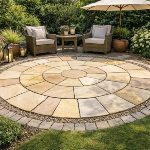 A Fossil Mint Sandstone 2.4 Meter Circle forms the patio, surrounded by lush greenery, with two wicker chairs, a small table, potted plants, and lanterns arranged beneath a shade umbrella in the garden.