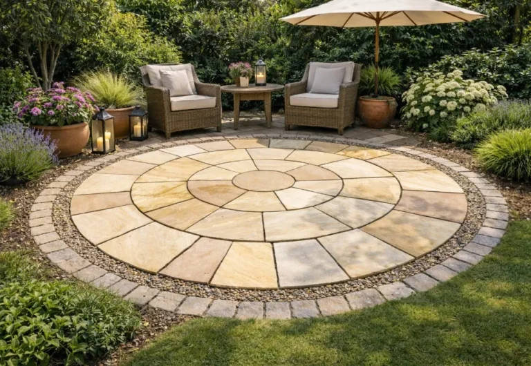 A Fossil Mint Sandstone 2.4 Meter Circle forms the patio, surrounded by lush greenery, with two wicker chairs, a small table, potted plants, and lanterns arranged beneath a shade umbrella in the garden.
