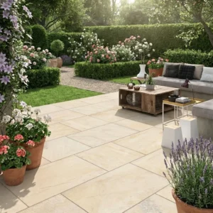 A sunny garden patio is paved with Fossil Mint Outdoor Porcelain Paving Tiles (600mm x 900mm), surrounded by lush greenery and blooming potted flowers. A gray outdoor sofa with cushions sits beside a rustic wooden coffee table.
