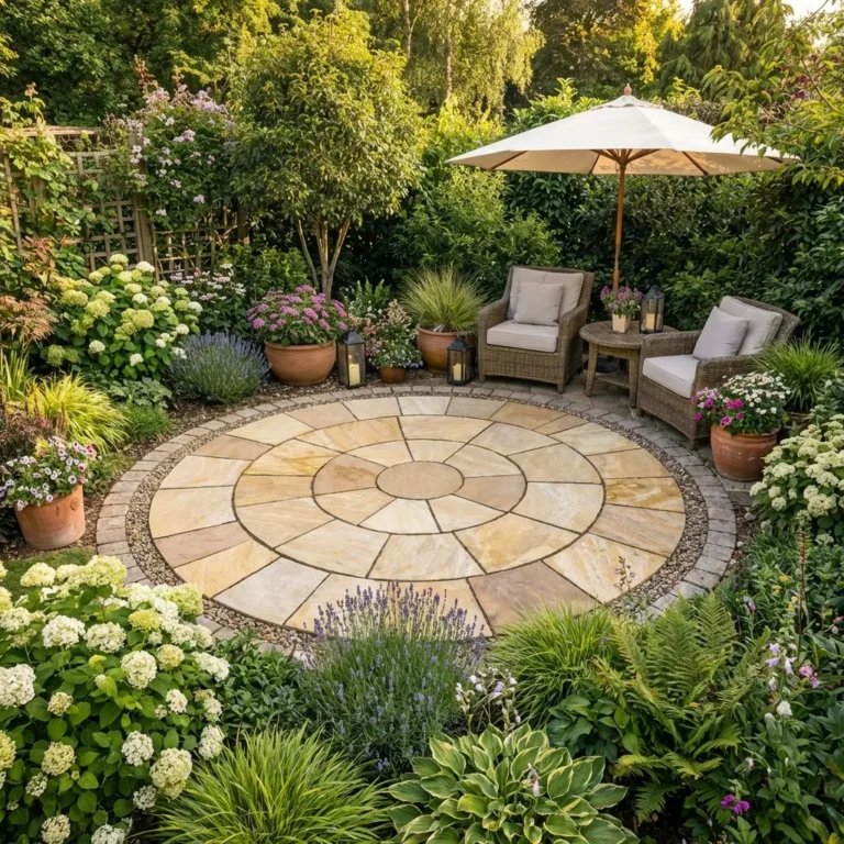 A Fossil Mint Sandstone 2.4 Meter Circle patio with two cushioned chairs and a table under a large umbrella, surrounded by lush plants, flowers, and potted shrubs creates a peaceful garden retreat.