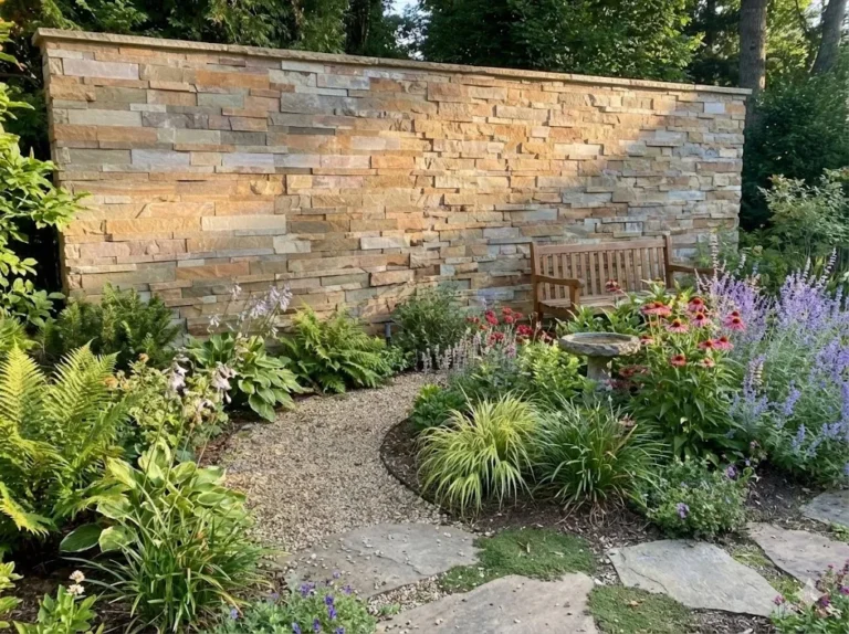 A curved gravel path leads to a wooden bench set before a Garda Buff Stone Cladding wall, surrounded by lush green plants and colorful flowers for a tranquil garden atmosphere.