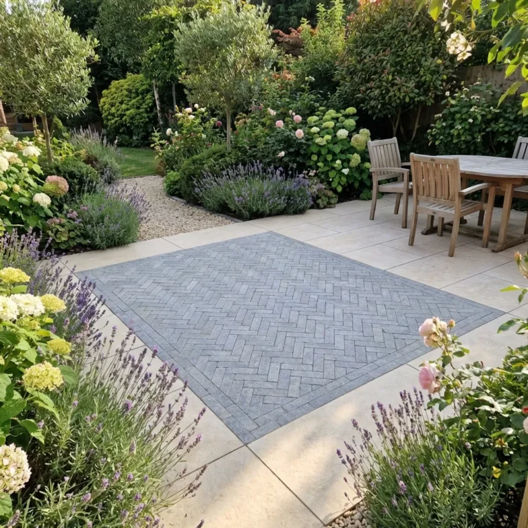 A well-maintained garden patio features a central section paved with Grey limestone Setts 200 x 50 x 40mm, surrounded by blooming flowers and shrubs. Wooden outdoor dining furniture sits to the right on the patio.