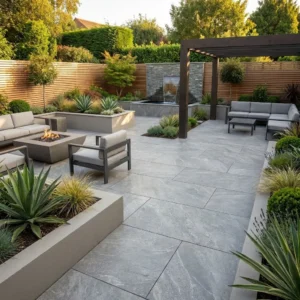Modern patio with Himalayan Grey Outdoor Porcelain Paving Tiles (600x900x20mm), outdoor seating, fire pit, pergola, raised planters with green shrubs and succulents, plus a water feature, trees, and a wooden fence.