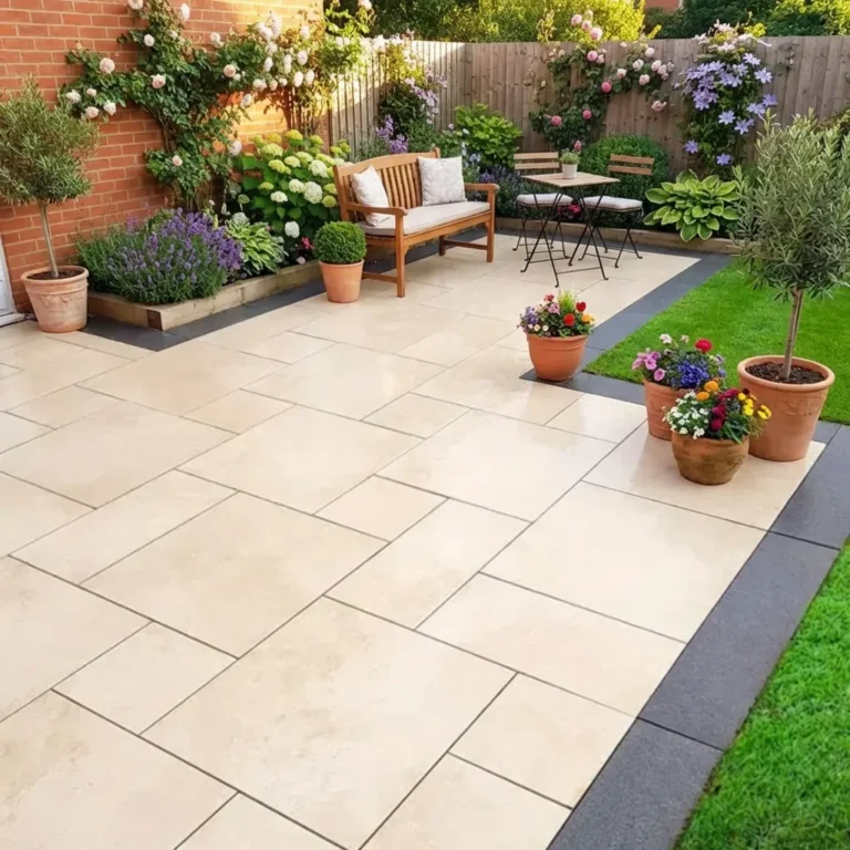 A neatly landscaped garden features HS Beige Outdoor Porcelain Paving Tiles (mixed sizes) on the patio, a wooden bench, small table with two chairs, potted flowers, green lawn, and colorful flowers and shrubs along a wooden fence.