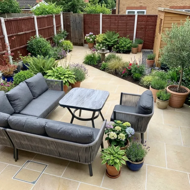 A neatly arranged patio features HS Beige Outdoor Porcelain Paving Tiles (600mm x 600mm), a gray outdoor sofa set, and a table, surrounded by potted plants and flowers. The garden is enclosed by wooden fencing with lush greenery and blooms.