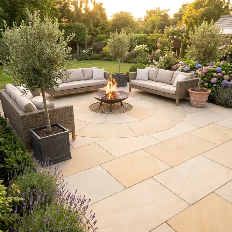 A stone patio paved with Ivory Mint Sandstone Honed 22mm Calibrated 600x900mm, featuring cushioned outdoor sofas arranged around a fire pit and surrounded by potted trees and blooming flowers at sunset.