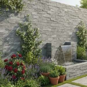 A garden with a Kandla Grey Sandstone Cladding wall, climbing plants, blooming flowers, a cascading water feature, terracotta pots, and a wooden bench on a paved path under bright sunlight.