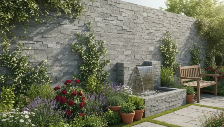 A garden with a Kandla Grey Sandstone Cladding wall, climbing plants, blooming flowers, a cascading water feature, terracotta pots, and a wooden bench on a paved path under bright sunlight.